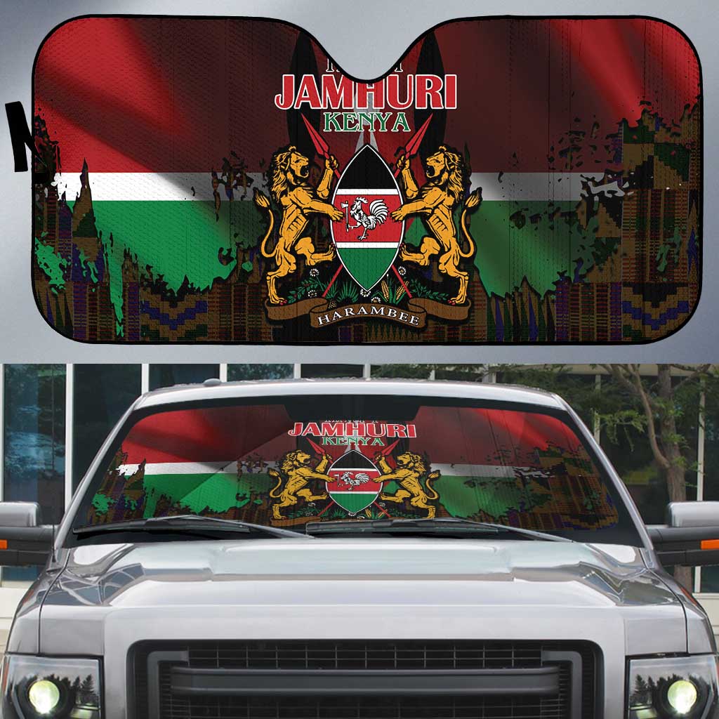 Happy Kenya Independence Day Auto Sun Shade Coat Of Arms With Kente Pattern - Wonder Print Shop