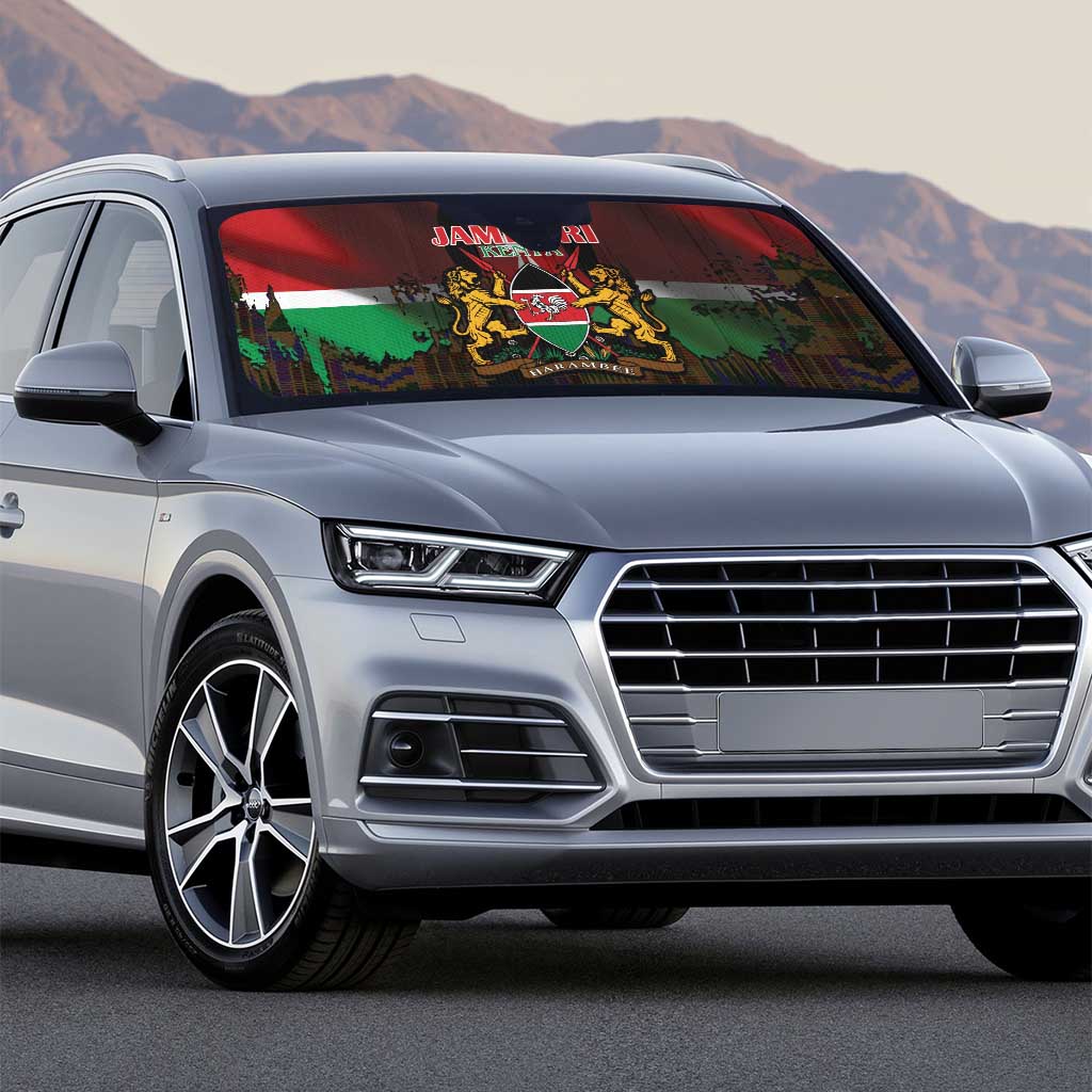 Happy Kenya Independence Day Auto Sun Shade Coat Of Arms With Kente Pattern - Wonder Print Shop