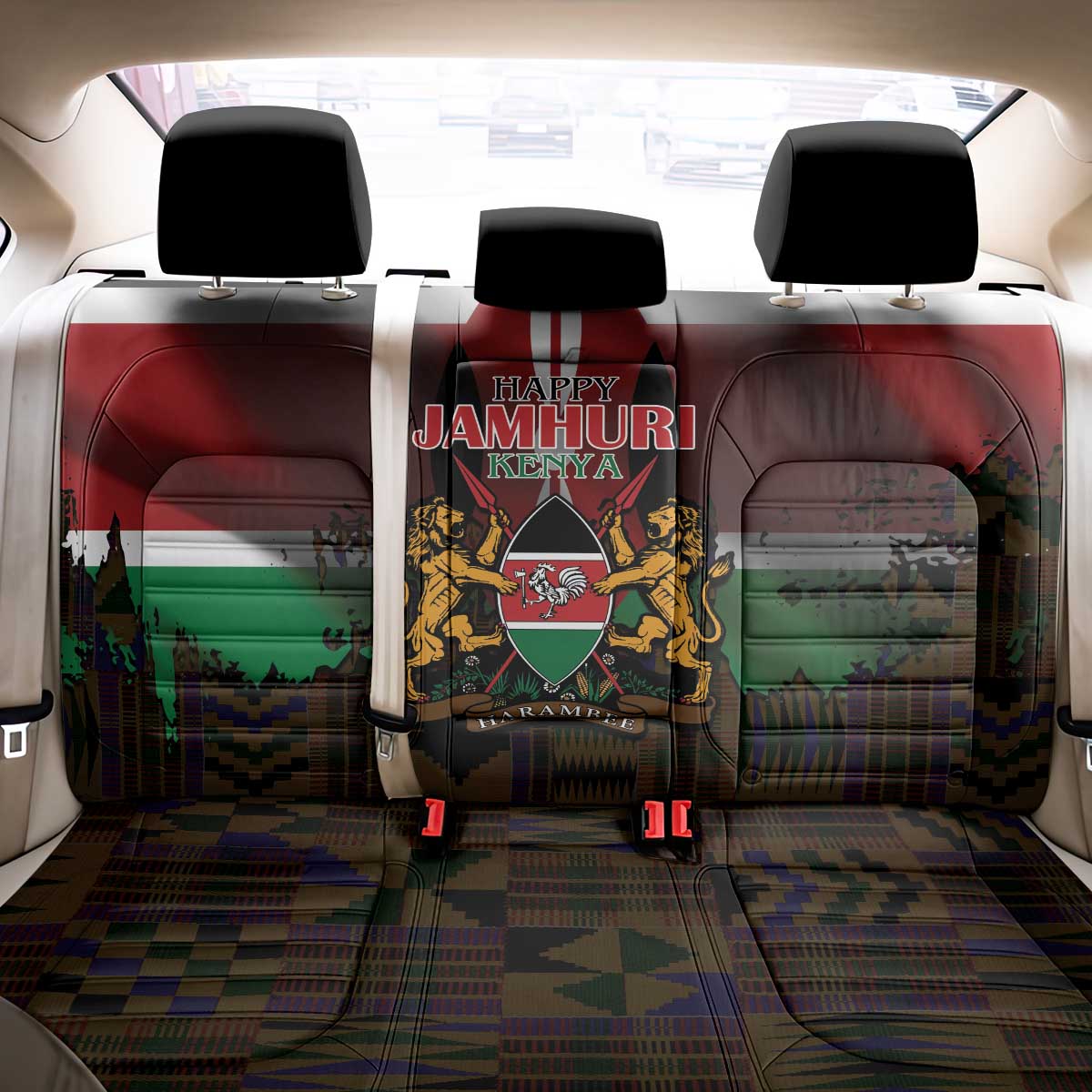 Happy Kenya Independence Day Back Car Seat Cover Coat Of Arms With Kente Pattern - Wonder Print Shop