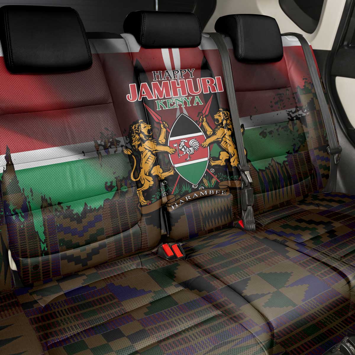 Happy Kenya Independence Day Back Car Seat Cover Coat Of Arms With Kente Pattern - Wonder Print Shop