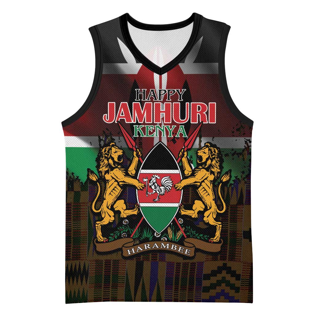 Happy Kenya Independence Day Basketball Jersey Coat Of Arms With Kente Pattern - Wonder Print Shop