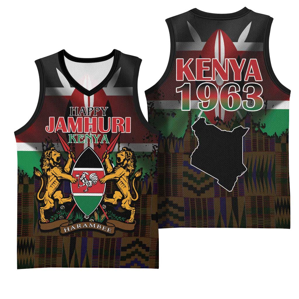 Happy Kenya Independence Day Basketball Jersey Coat Of Arms With Kente Pattern - Wonder Print Shop