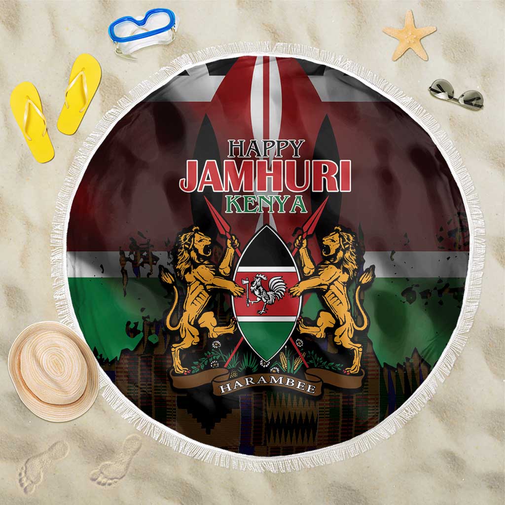 Happy Kenya Independence Day Beach Blanket Coat Of Arms With Kente Pattern - Wonder Print Shop