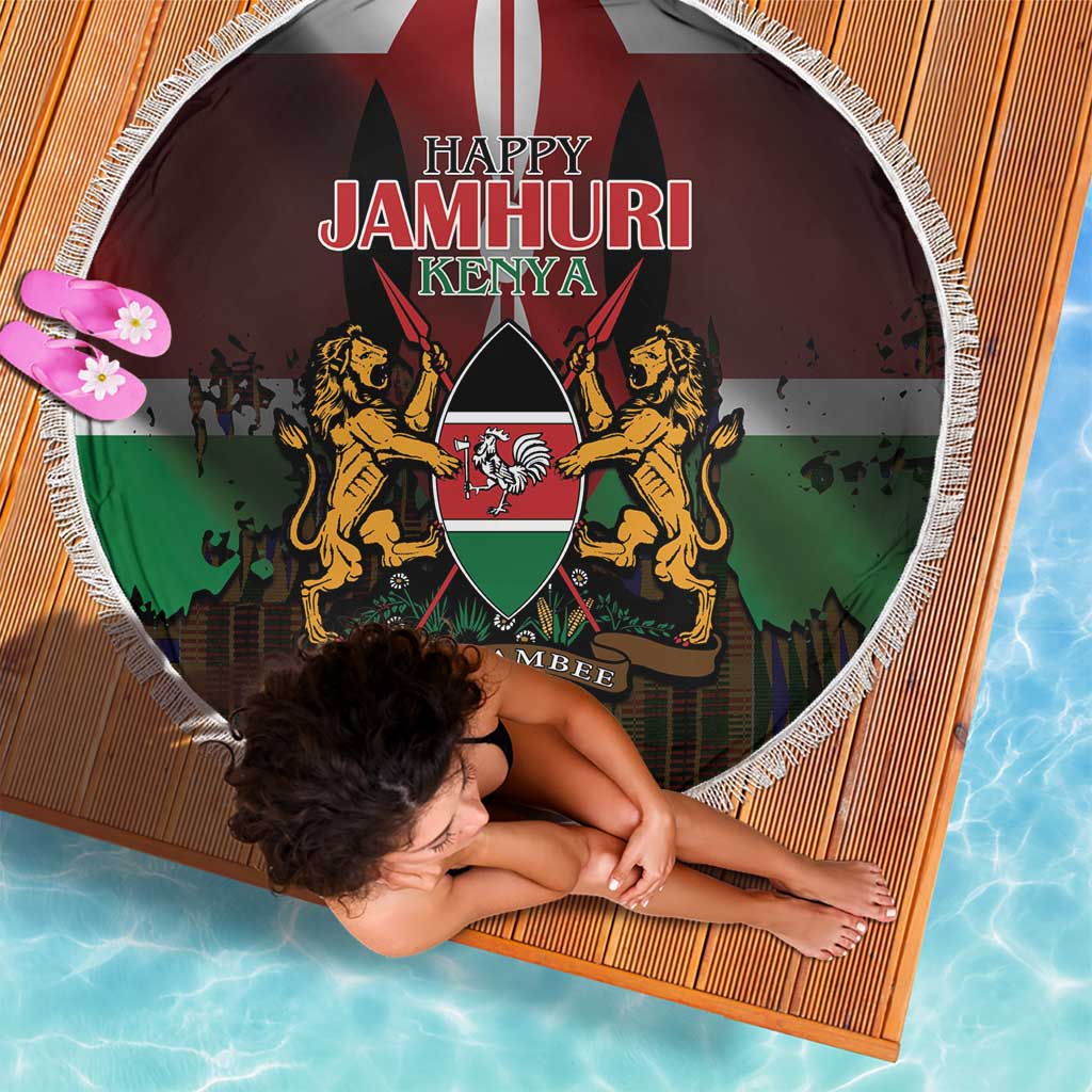 Happy Kenya Independence Day Beach Blanket Coat Of Arms With Kente Pattern - Wonder Print Shop