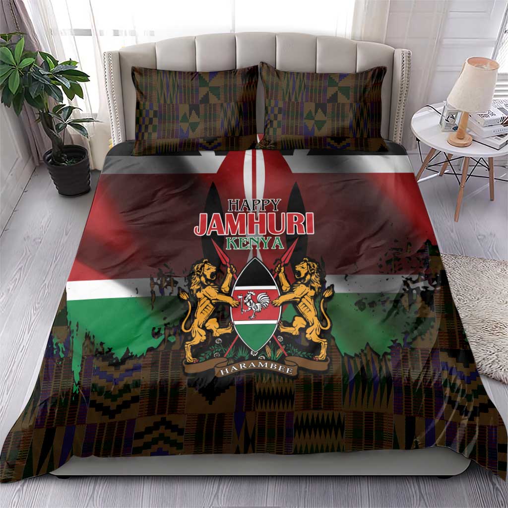 Happy Kenya Independence Day Bedding Set Coat Of Arms With Kente Pattern - Wonder Print Shop