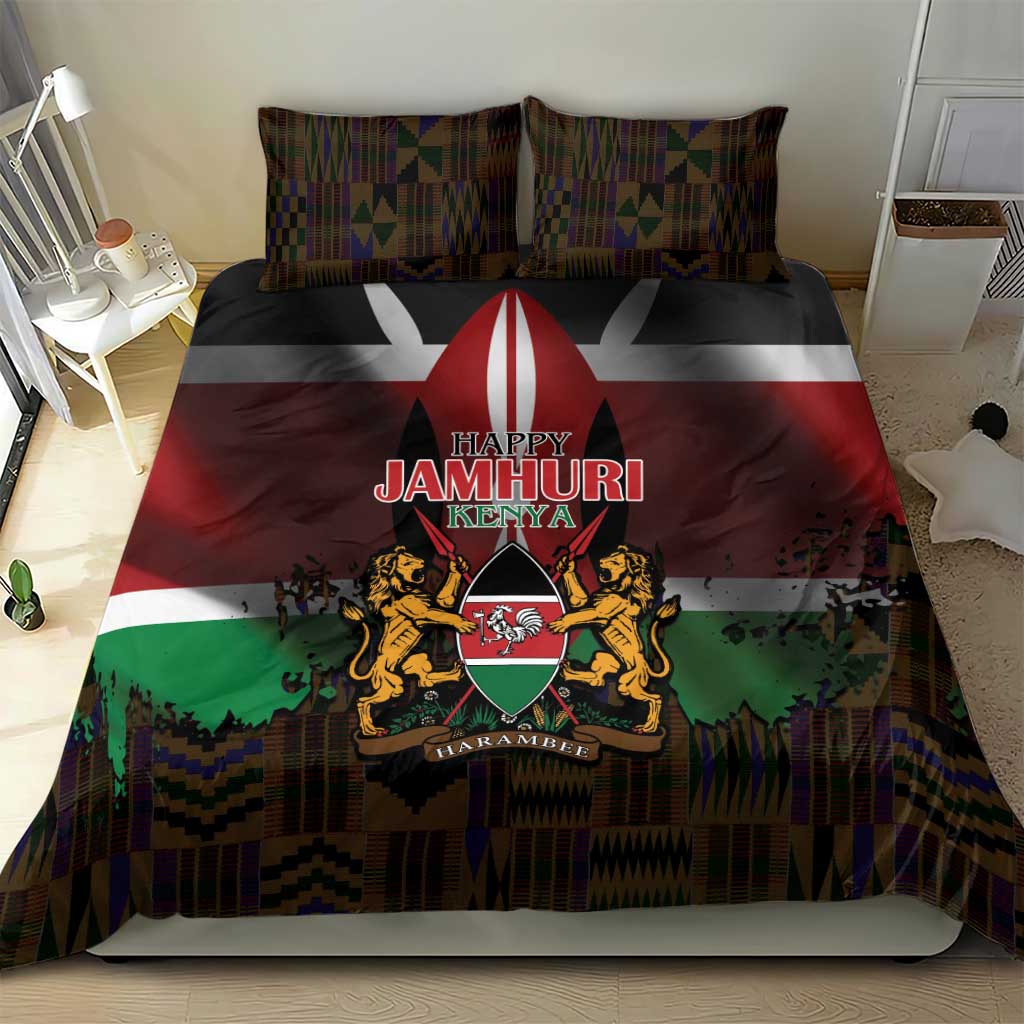 Happy Kenya Independence Day Bedding Set Coat Of Arms With Kente Pattern - Wonder Print Shop