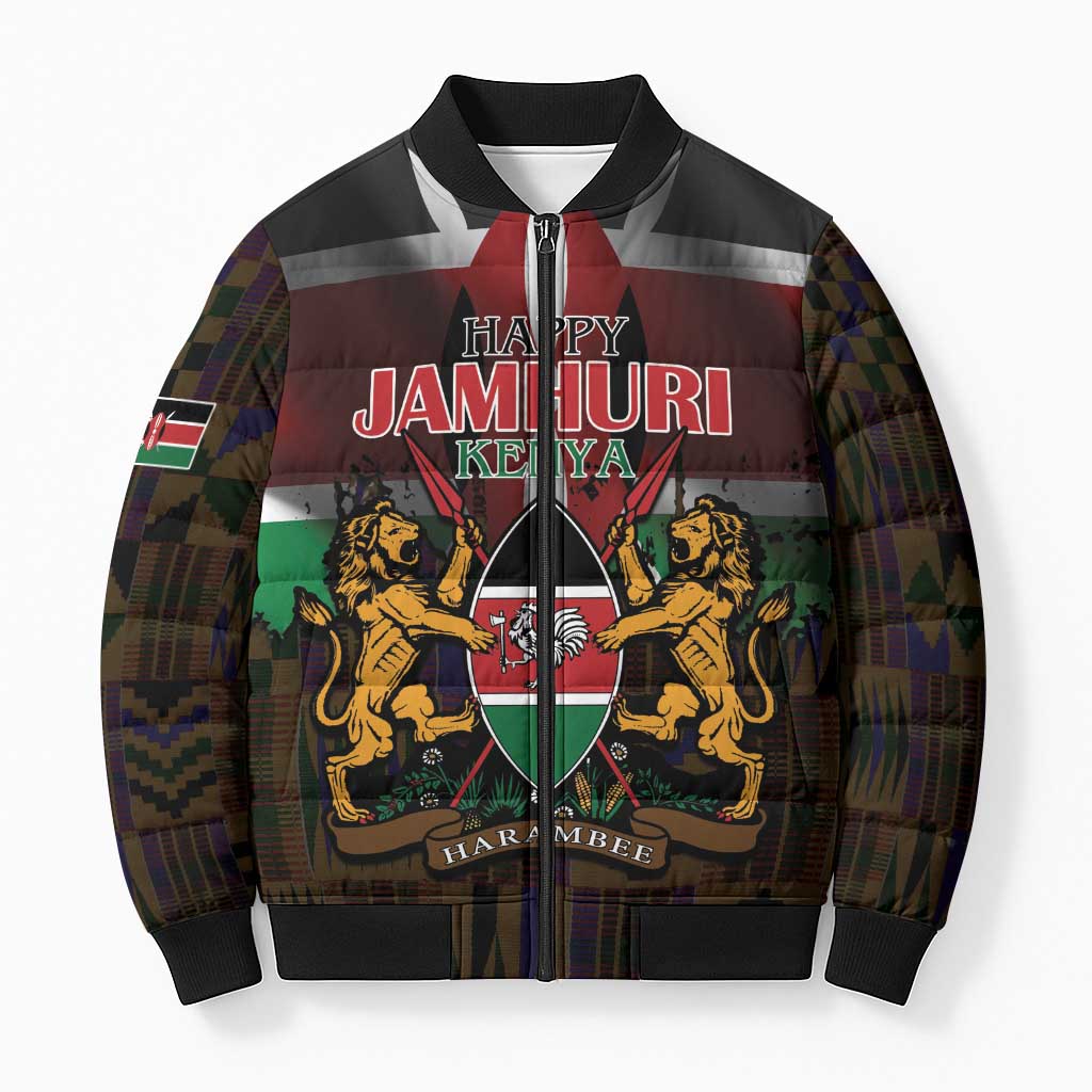 Happy Kenya Independence Day Bomber Puffer Jacket Coat Of Arms With Kente Pattern - Wonder Print Shop