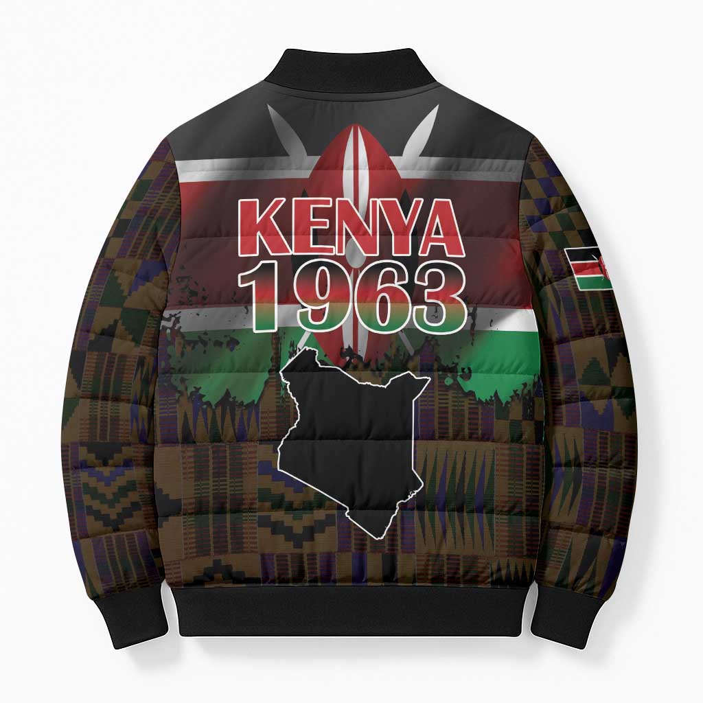 Happy Kenya Independence Day Bomber Puffer Jacket Coat Of Arms With Kente Pattern - Wonder Print Shop