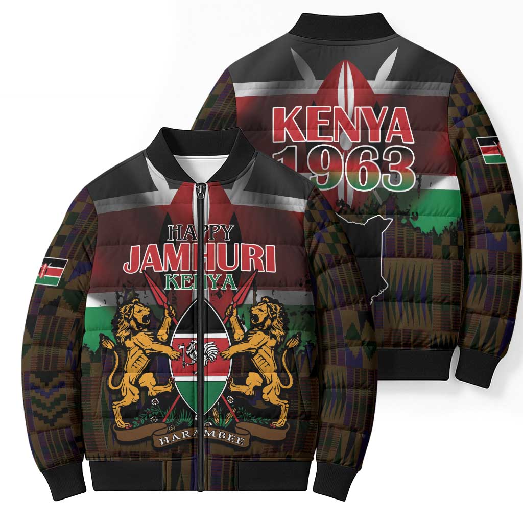 Happy Kenya Independence Day Bomber Puffer Jacket Coat Of Arms With Kente Pattern - Wonder Print Shop