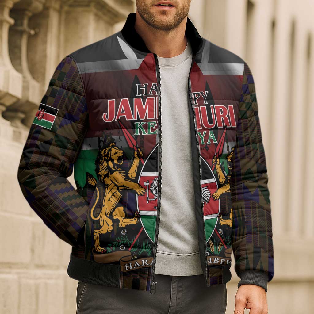 Happy Kenya Independence Day Bomber Puffer Jacket Coat Of Arms With Kente Pattern - Wonder Print Shop