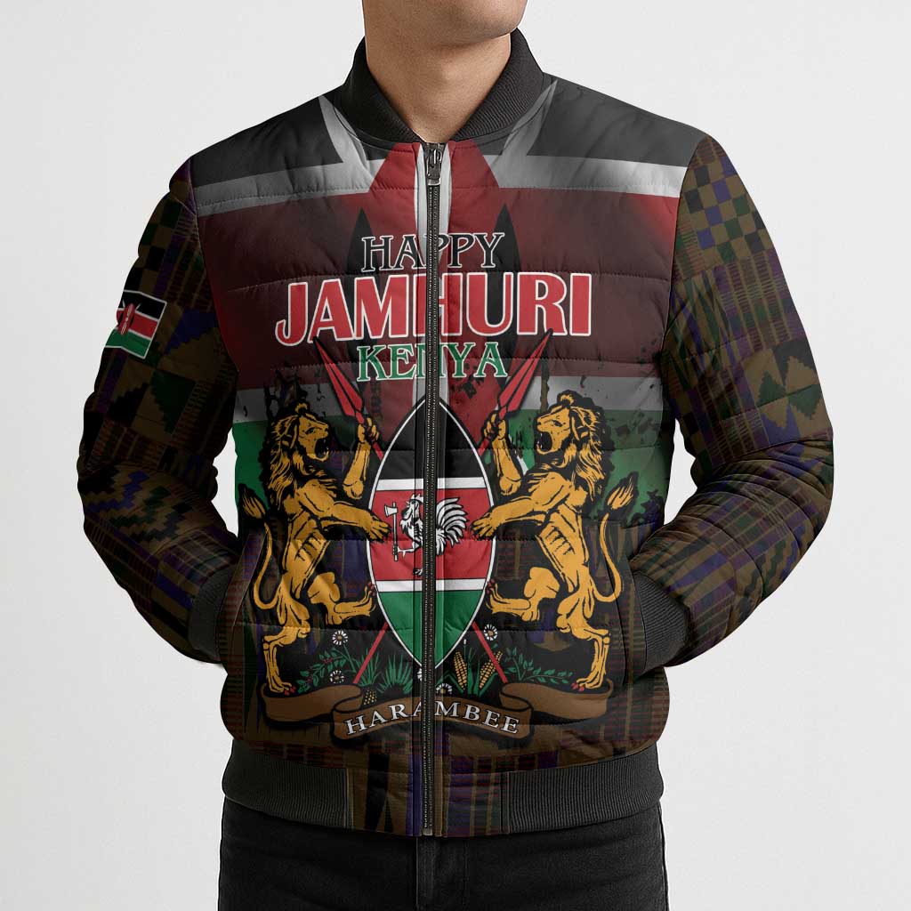 Happy Kenya Independence Day Bomber Puffer Jacket Coat Of Arms With Kente Pattern - Wonder Print Shop