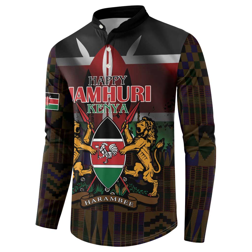 Happy Kenya Independence Day Button Sweatshirt Coat Of Arms With Kente Pattern - Wonder Print Shop