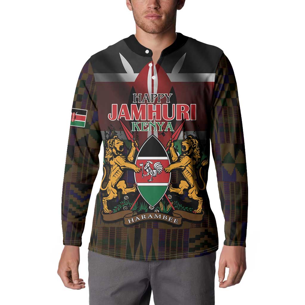 Happy Kenya Independence Day Button Sweatshirt Coat Of Arms With Kente Pattern - Wonder Print Shop