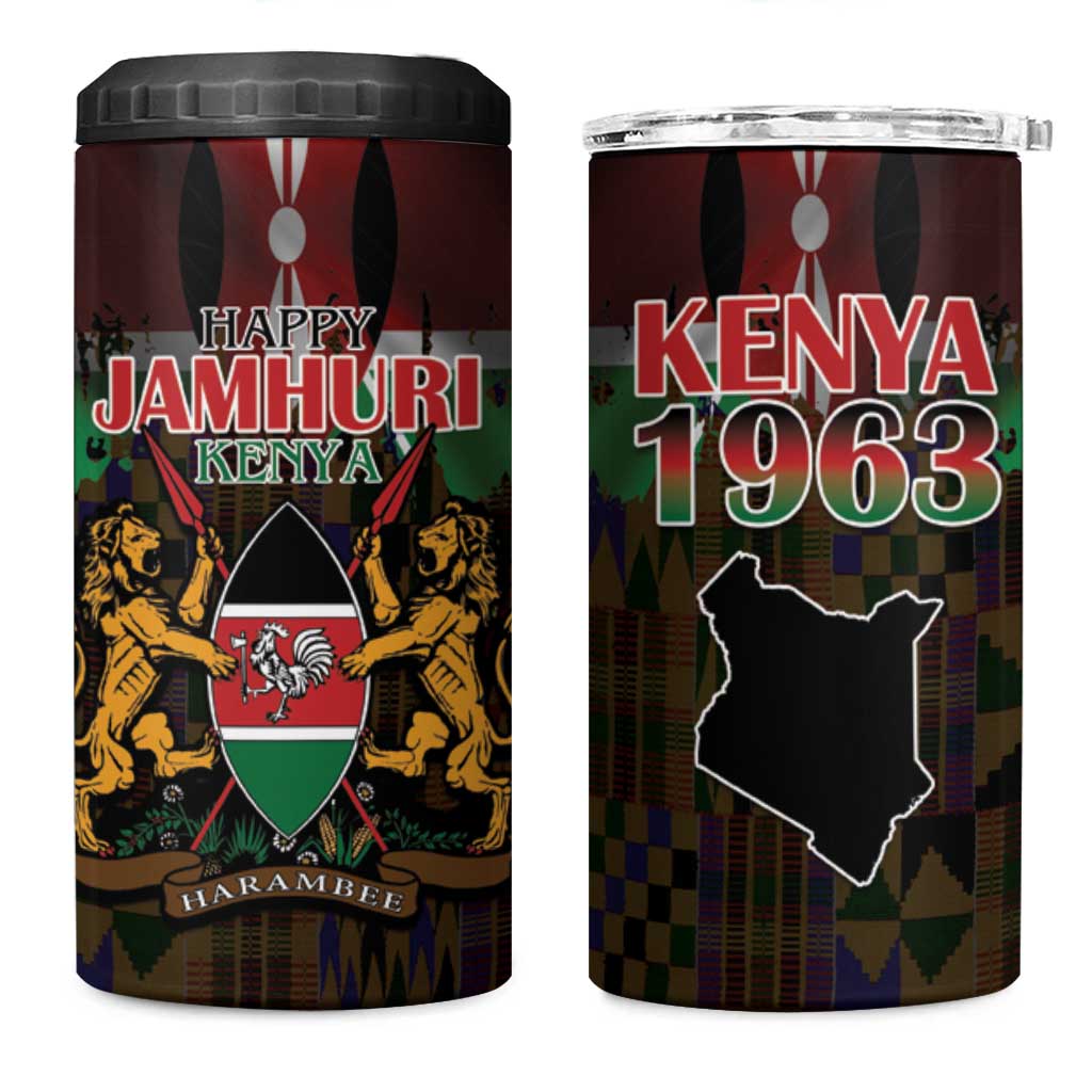 Happy Kenya Independence Day 4 in 1 Can Cooler Tumbler Coat Of Arms With Kente Pattern - Wonder Print Shop