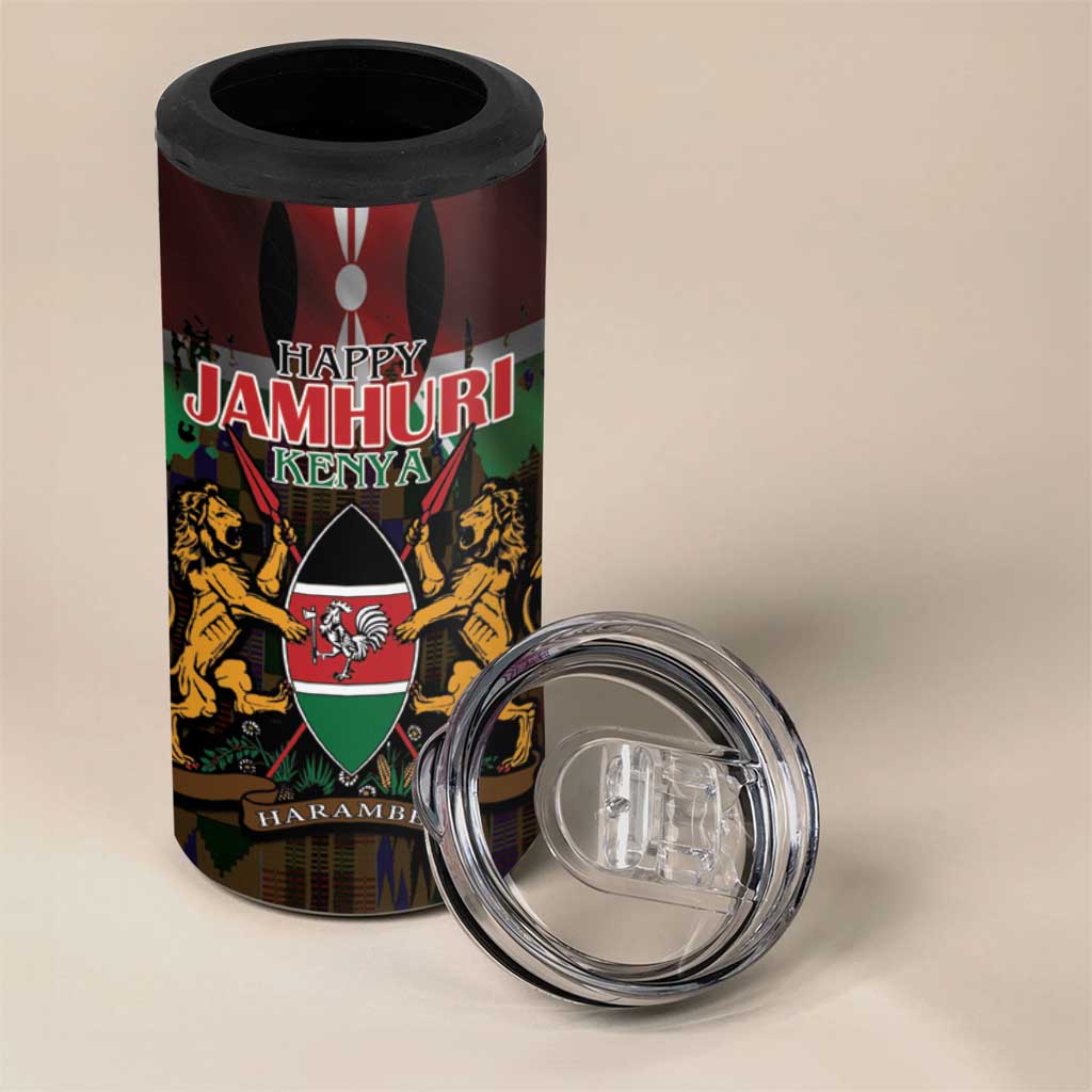 Happy Kenya Independence Day 4 in 1 Can Cooler Tumbler Coat Of Arms With Kente Pattern - Wonder Print Shop