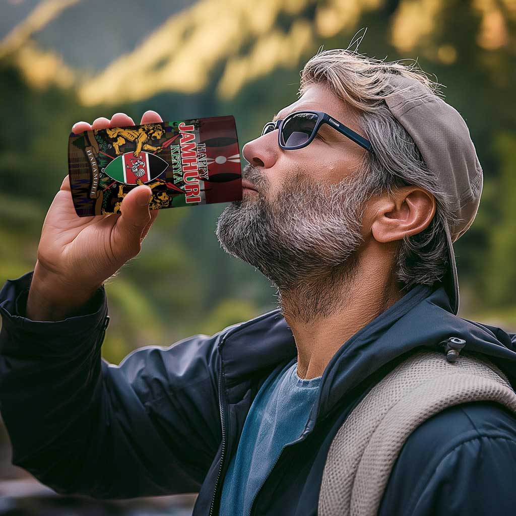 Happy Kenya Independence Day 4 in 1 Can Cooler Tumbler Coat Of Arms With Kente Pattern - Wonder Print Shop