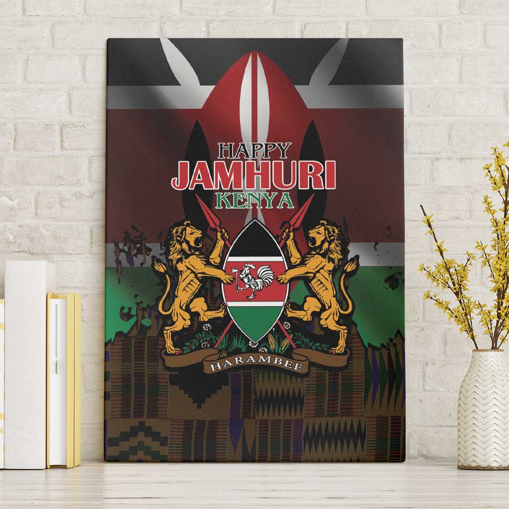 Happy Kenya Independence Day Canvas Wall Art Coat Of Arms With Kente Pattern - Wonder Print Shop