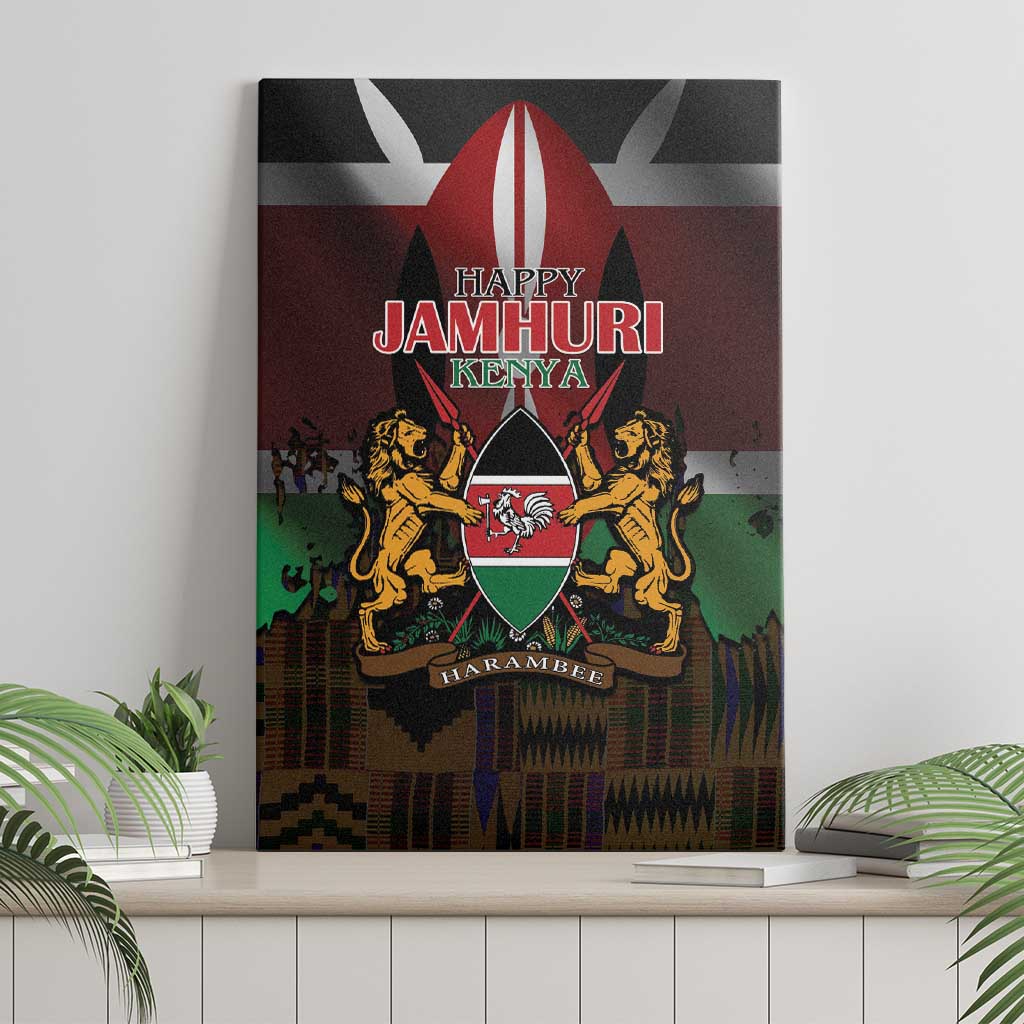 Happy Kenya Independence Day Canvas Wall Art Coat Of Arms With Kente Pattern - Wonder Print Shop