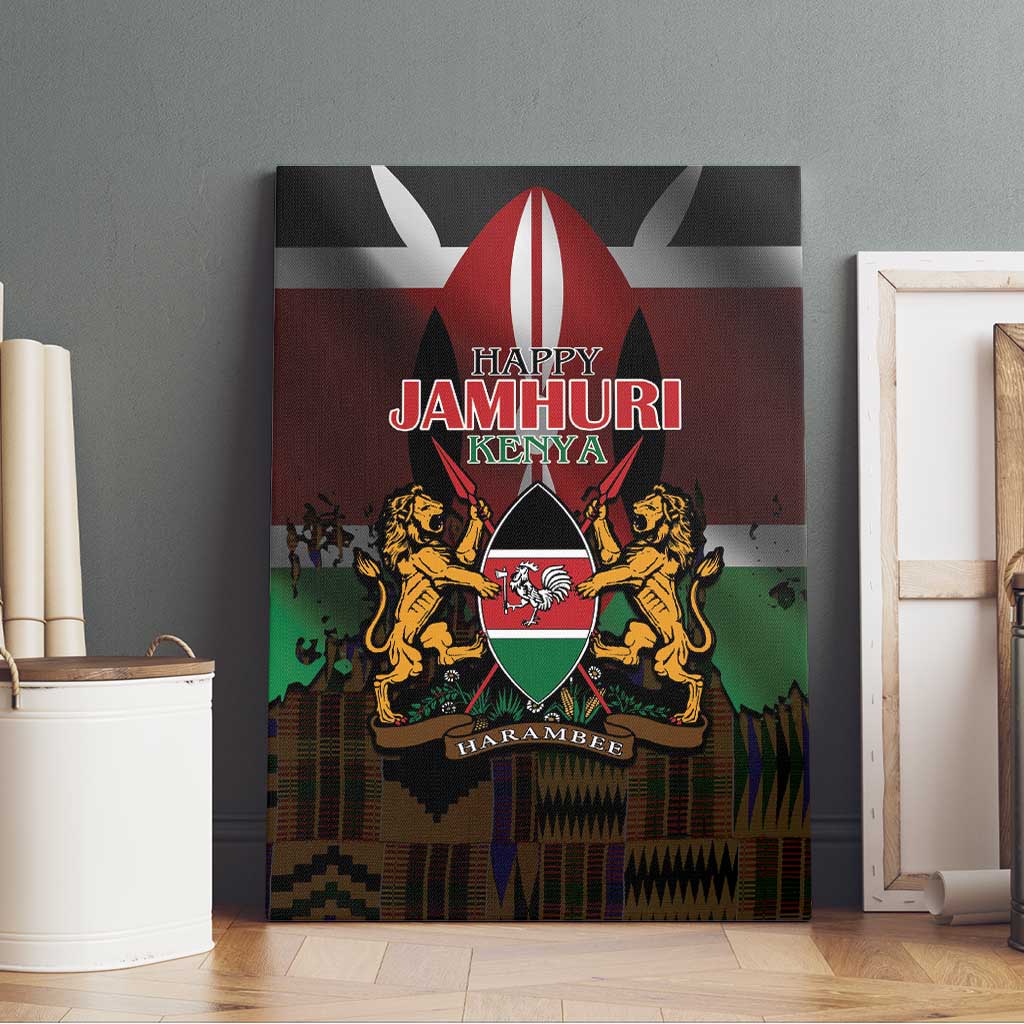 Happy Kenya Independence Day Canvas Wall Art Coat Of Arms With Kente Pattern - Wonder Print Shop