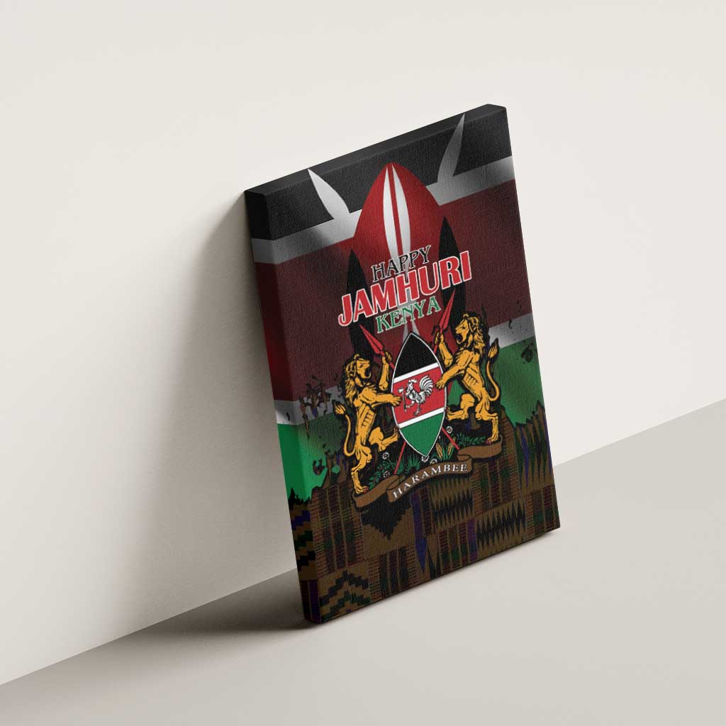 Happy Kenya Independence Day Canvas Wall Art Coat Of Arms With Kente Pattern - Wonder Print Shop