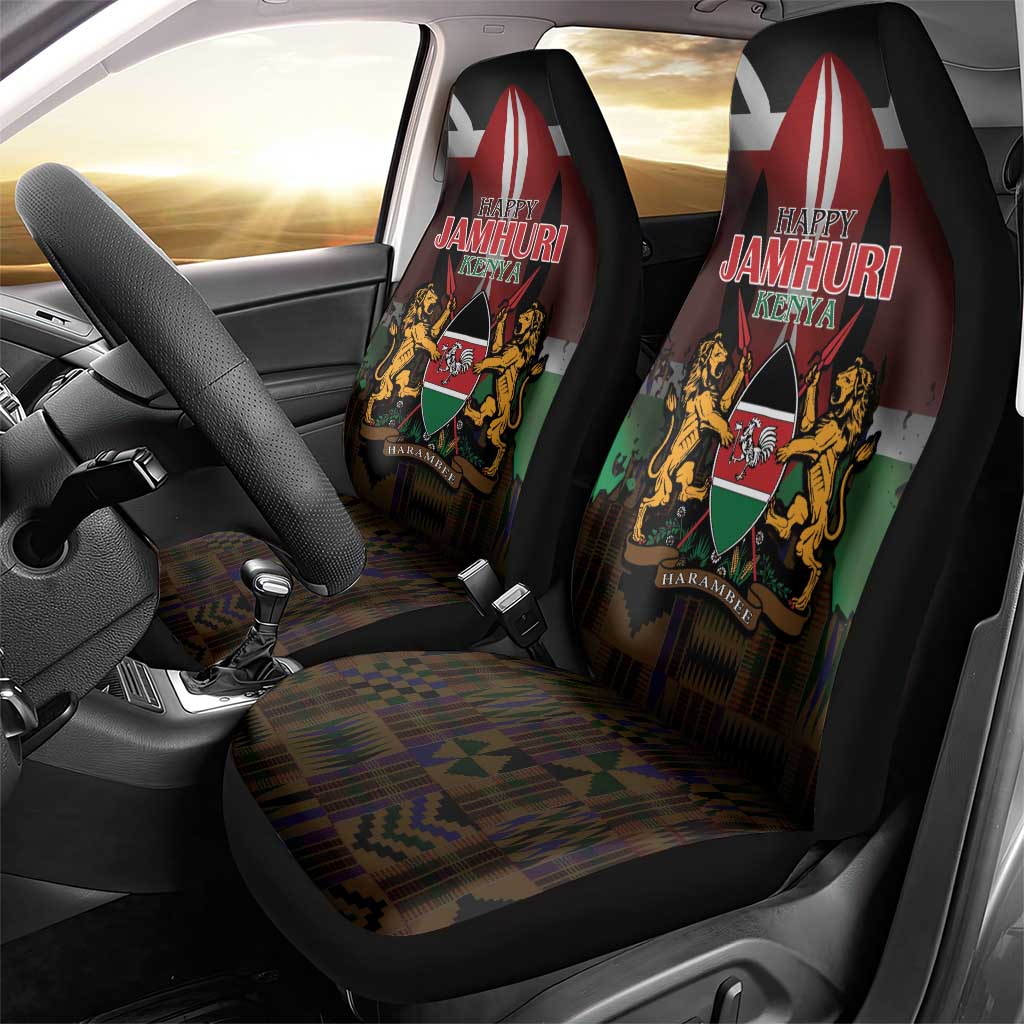 Happy Kenya Independence Day Car Seat Cover Coat Of Arms With Kente Pattern - Wonder Print Shop