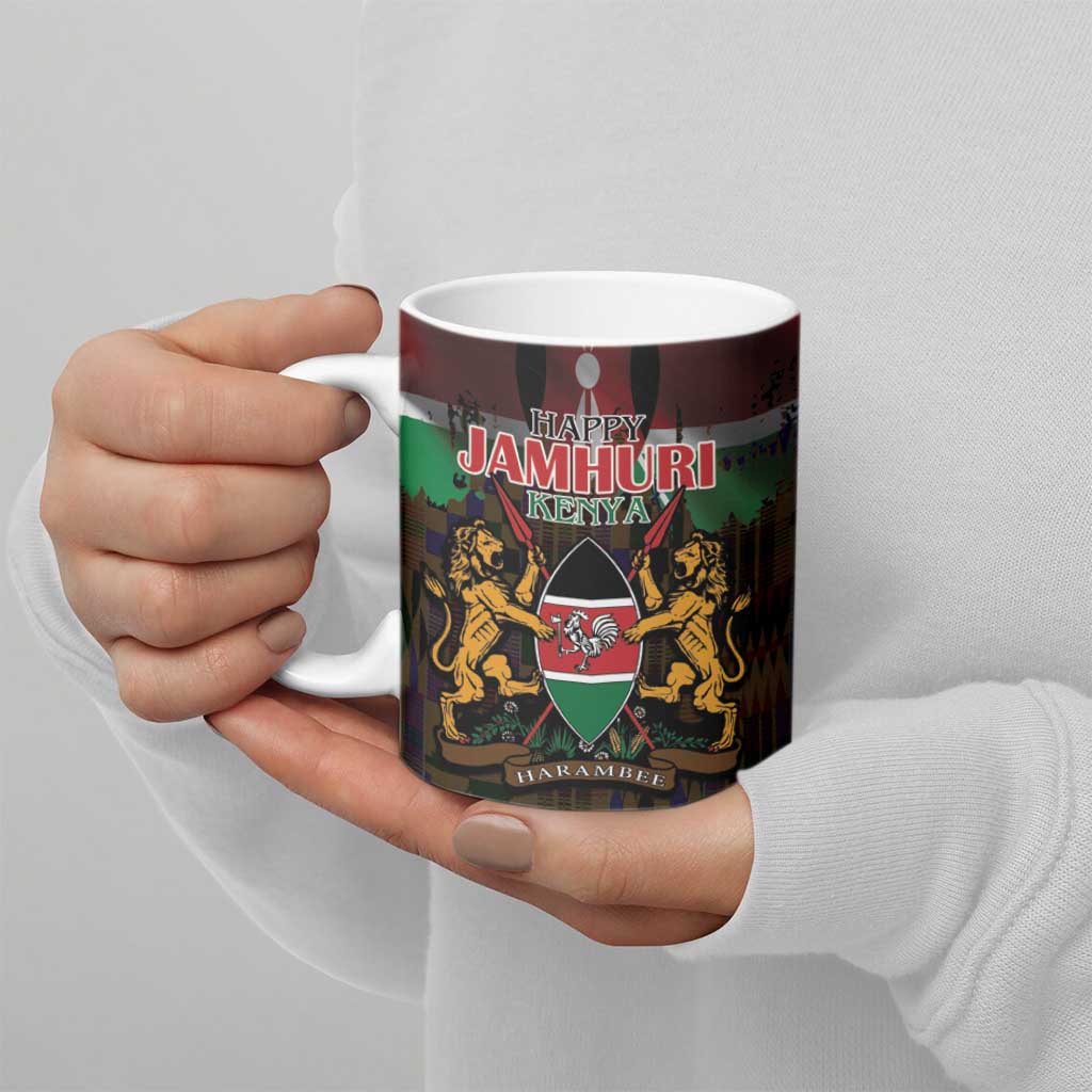 Happy Kenya Independence Day Ceramic Mug Coat Of Arms With Kente Pattern - Wonder Print Shop