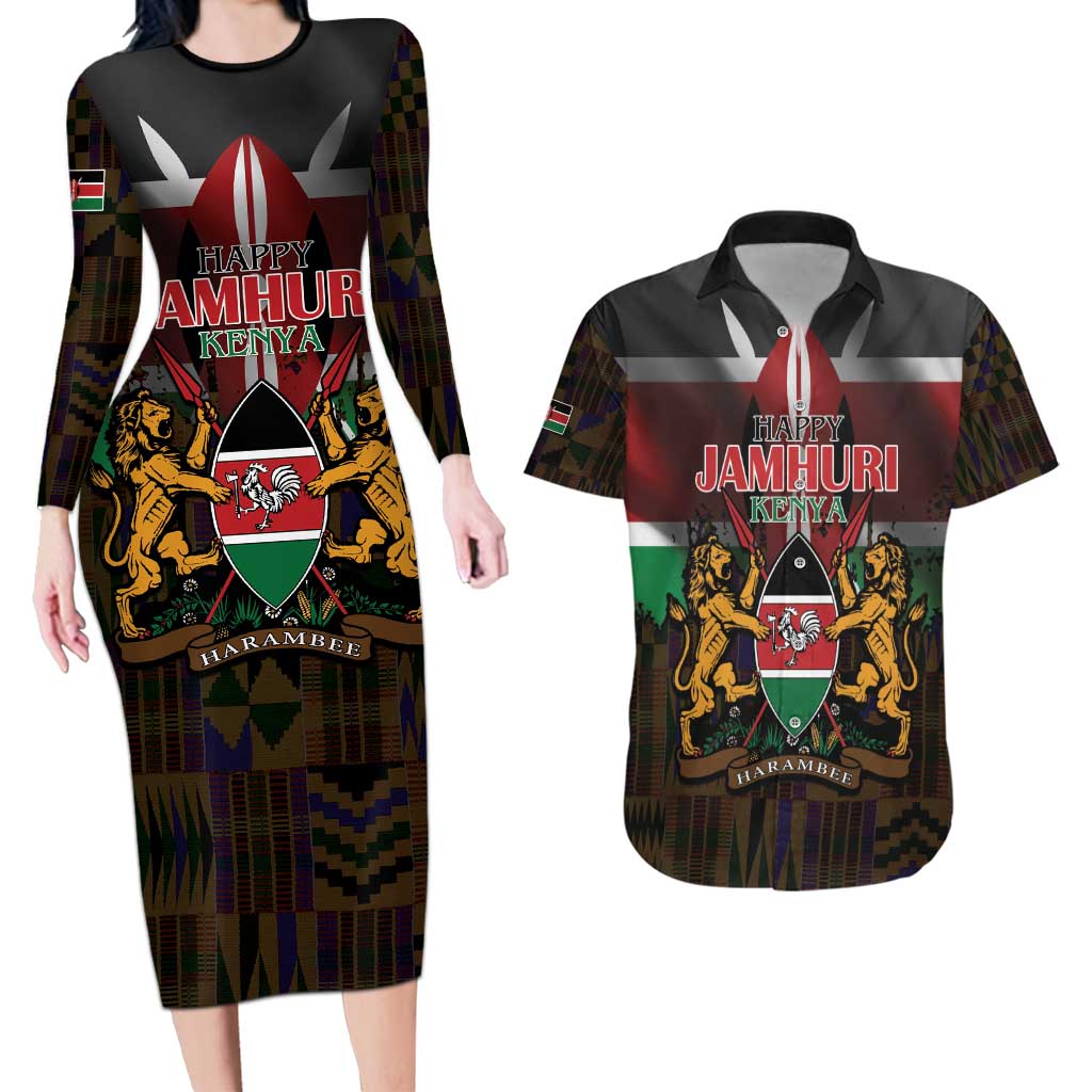 Happy Kenya Independence Day Couples Matching Long Sleeve Bodycon Dress and Hawaiian Shirt Coat Of Arms With Kente Pattern - Wonder Print Shop