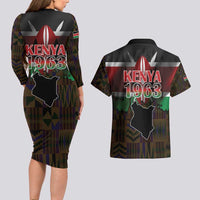 Happy Kenya Independence Day Couples Matching Long Sleeve Bodycon Dress and Hawaiian Shirt Coat Of Arms With Kente Pattern - Wonder Print Shop