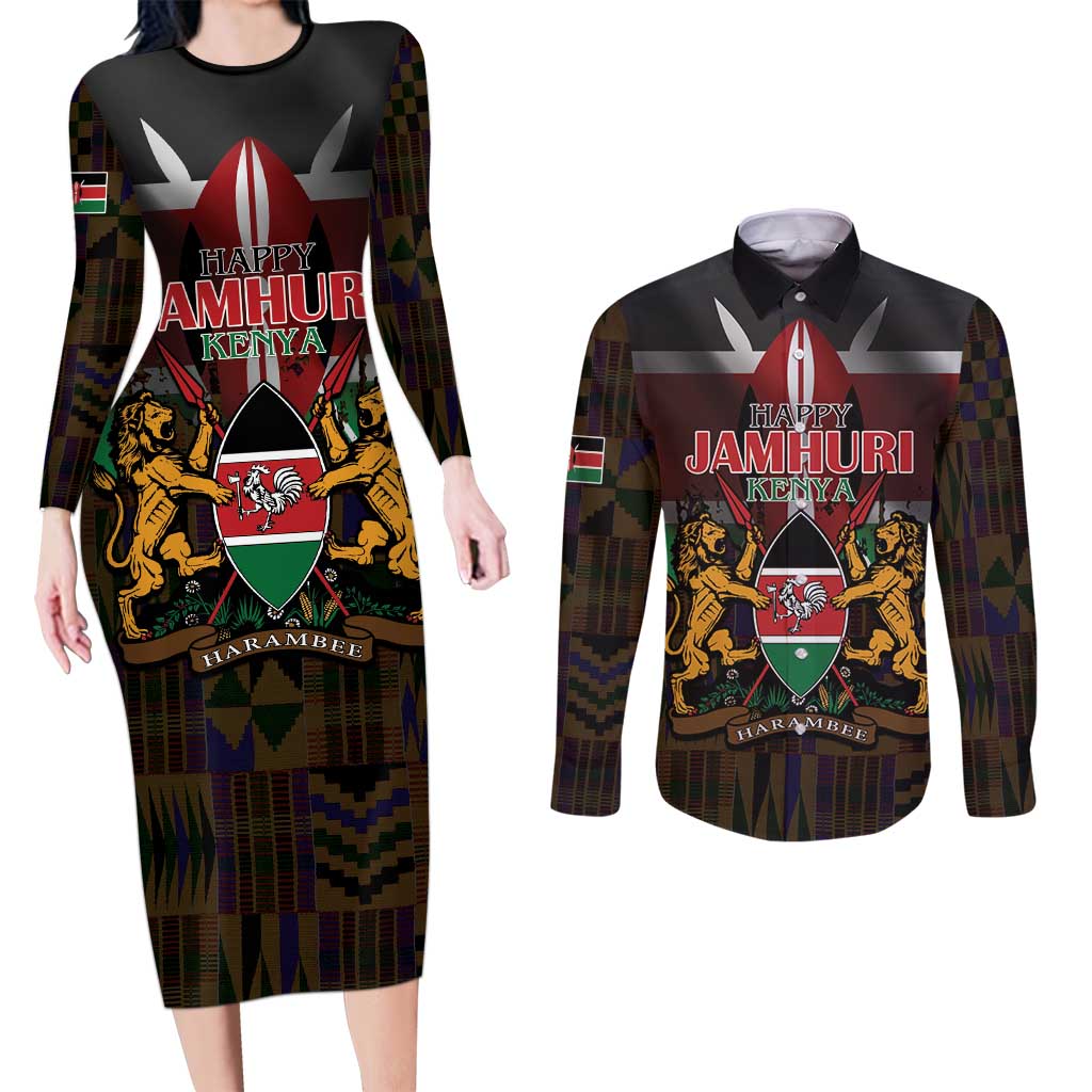 Happy Kenya Independence Day Couples Matching Long Sleeve Bodycon Dress and Long Sleeve Button Shirt Coat Of Arms With Kente Pattern - Wonder Print Shop