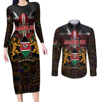 Happy Kenya Independence Day Couples Matching Long Sleeve Bodycon Dress and Long Sleeve Button Shirt Coat Of Arms With Kente Pattern - Wonder Print Shop