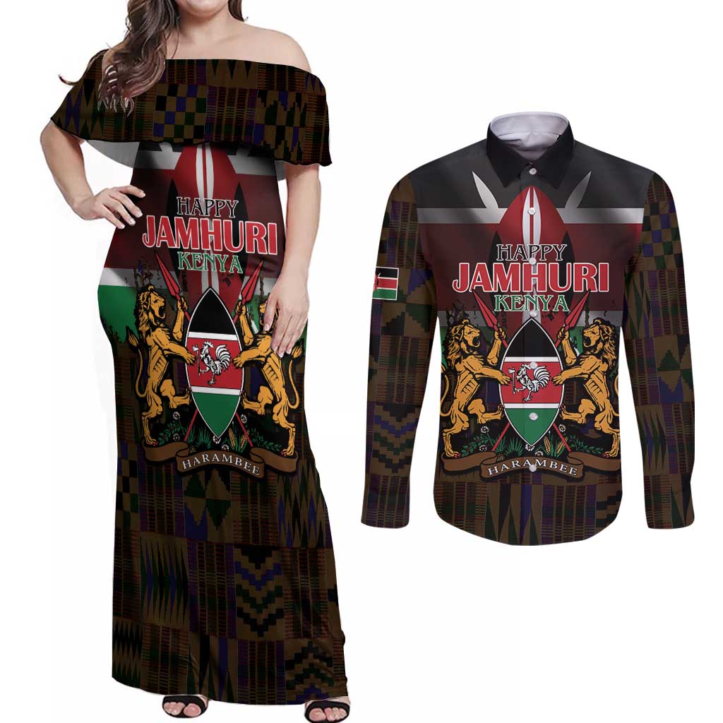Happy Kenya Independence Day Couples Matching Off Shoulder Maxi Dress and Long Sleeve Button Shirt Coat Of Arms With Kente Pattern - Wonder Print Shop