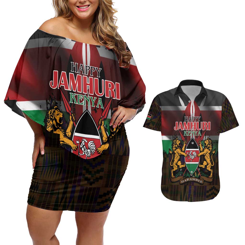 Happy Kenya Independence Day Couples Matching Off Shoulder Short Dress and Hawaiian Shirt Coat Of Arms With Kente Pattern - Wonder Print Shop