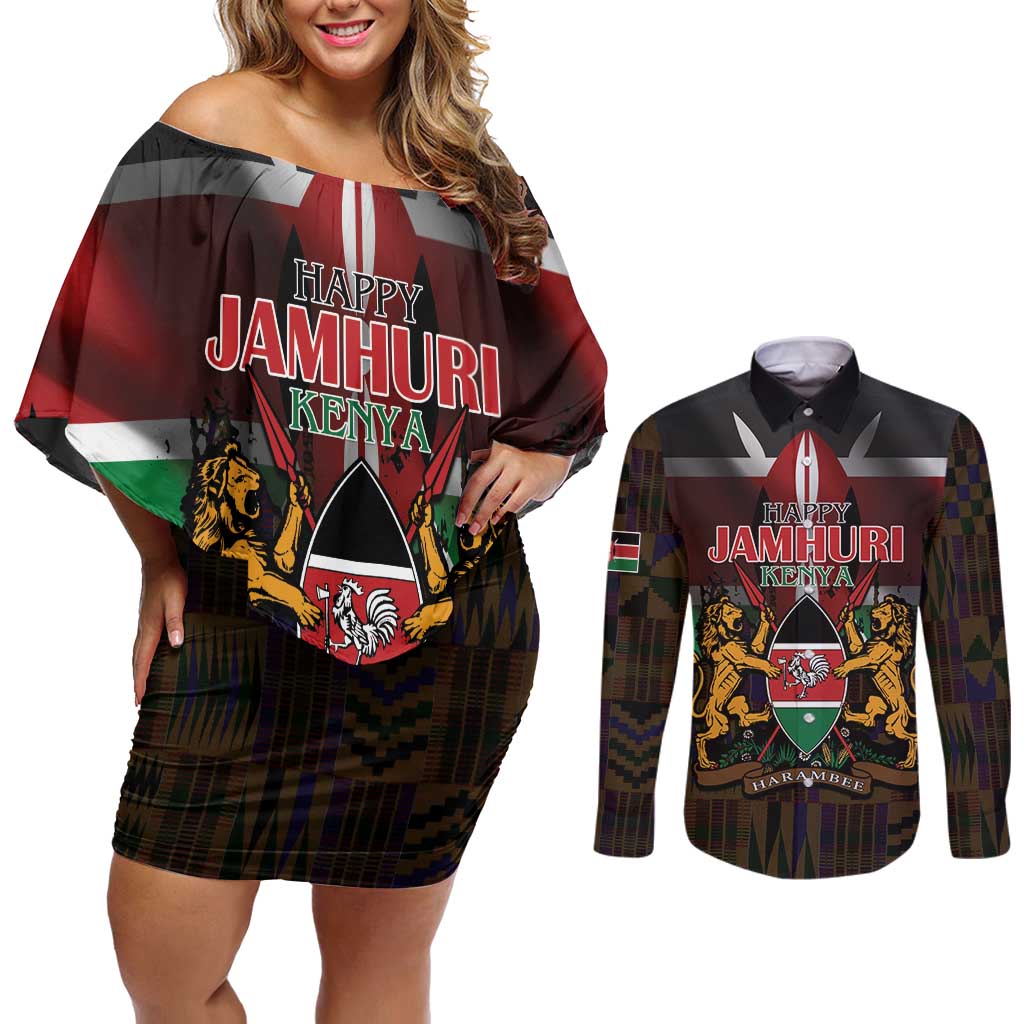 Happy Kenya Independence Day Couples Matching Off Shoulder Short Dress and Long Sleeve Button Shirt Coat Of Arms With Kente Pattern - Wonder Print Shop
