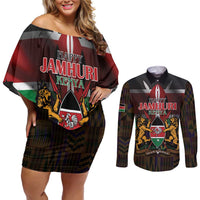 Happy Kenya Independence Day Couples Matching Off Shoulder Short Dress and Long Sleeve Button Shirt Coat Of Arms With Kente Pattern - Wonder Print Shop