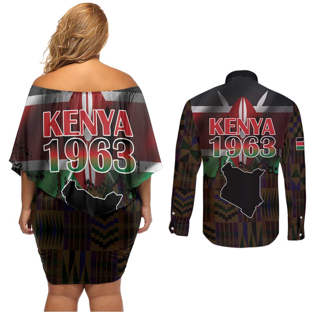 Happy Kenya Independence Day Couples Matching Off Shoulder Short Dress and Long Sleeve Button Shirt Coat Of Arms With Kente Pattern - Wonder Print Shop