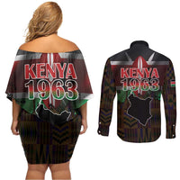 Happy Kenya Independence Day Couples Matching Off Shoulder Short Dress and Long Sleeve Button Shirt Coat Of Arms With Kente Pattern - Wonder Print Shop