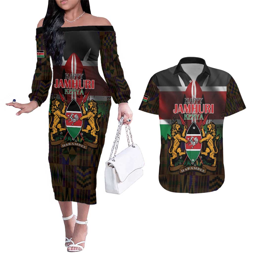 Happy Kenya Independence Day Couples Matching Off The Shoulder Long Sleeve Dress and Hawaiian Shirt Coat Of Arms With Kente Pattern - Wonder Print Shop