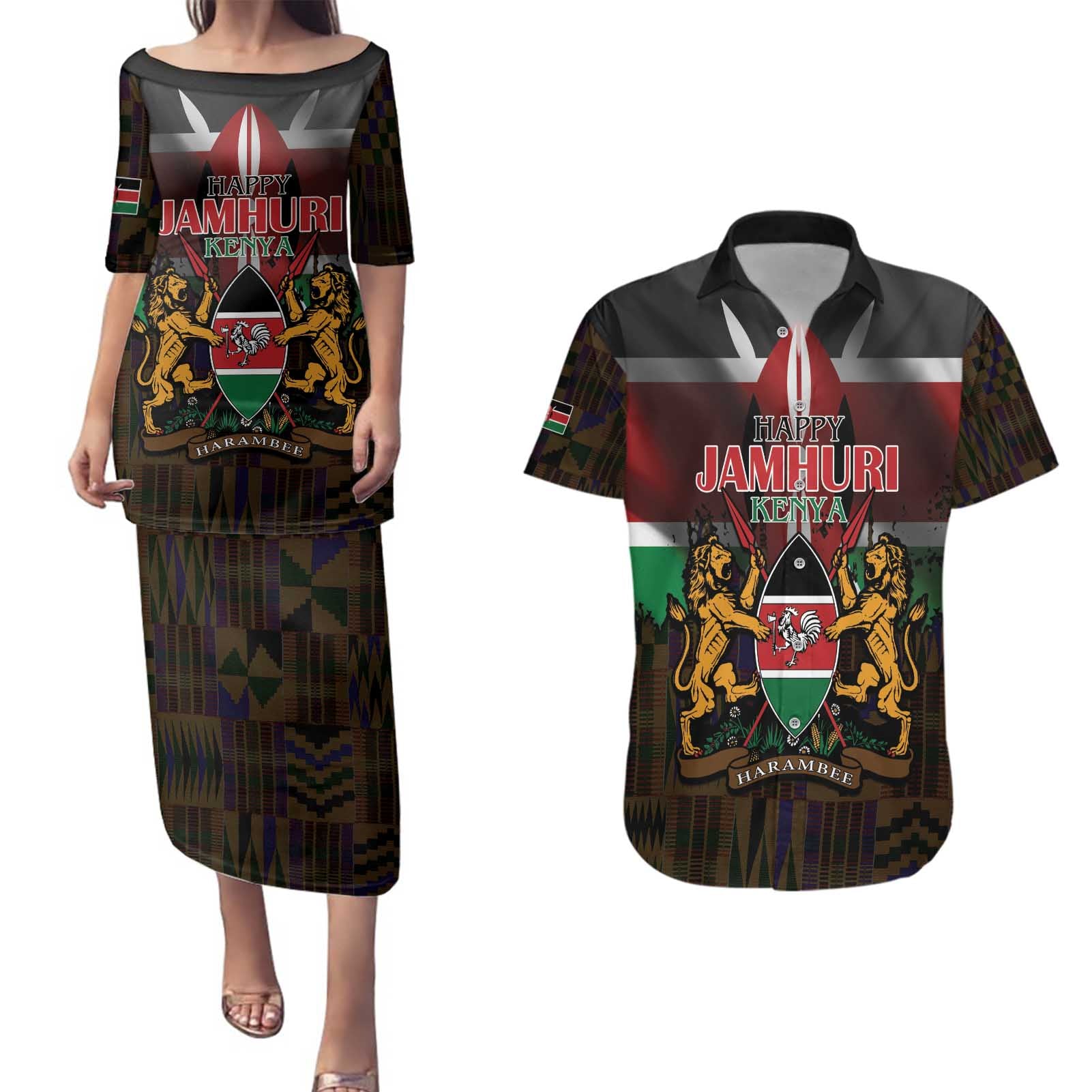 Happy Kenya Independence Day Couples Matching Puletasi and Hawaiian Shirt Coat Of Arms With Kente Pattern - Wonder Print Shop