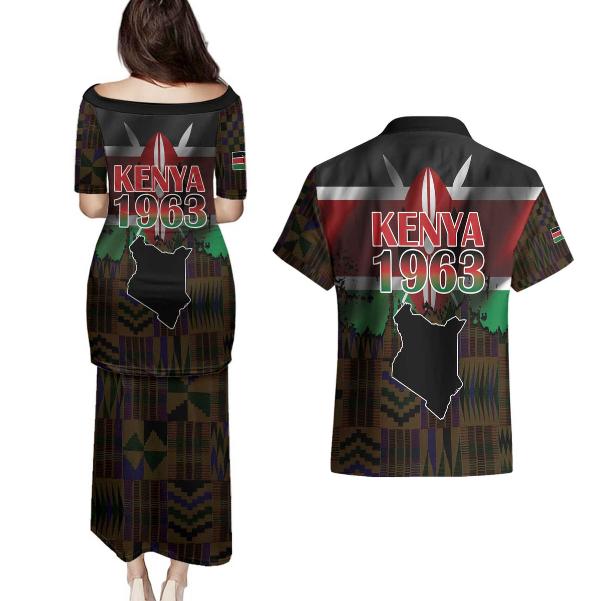 Happy Kenya Independence Day Couples Matching Puletasi and Hawaiian Shirt Coat Of Arms With Kente Pattern - Wonder Print Shop