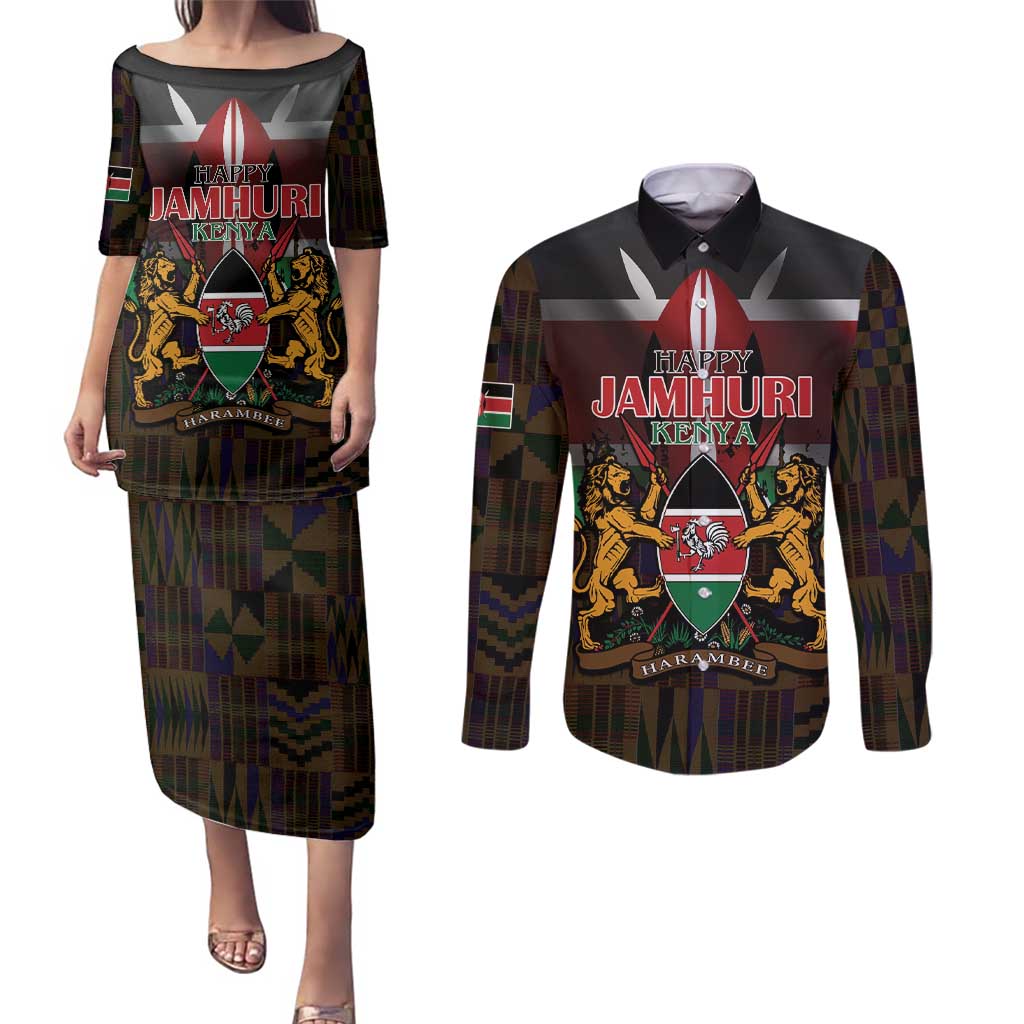 Happy Kenya Independence Day Couples Matching Puletasi and Long Sleeve Button Shirt Coat Of Arms With Kente Pattern - Wonder Print Shop