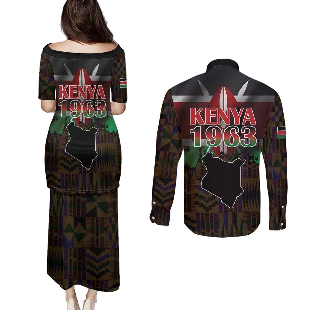 Happy Kenya Independence Day Couples Matching Puletasi and Long Sleeve Button Shirt Coat Of Arms With Kente Pattern - Wonder Print Shop