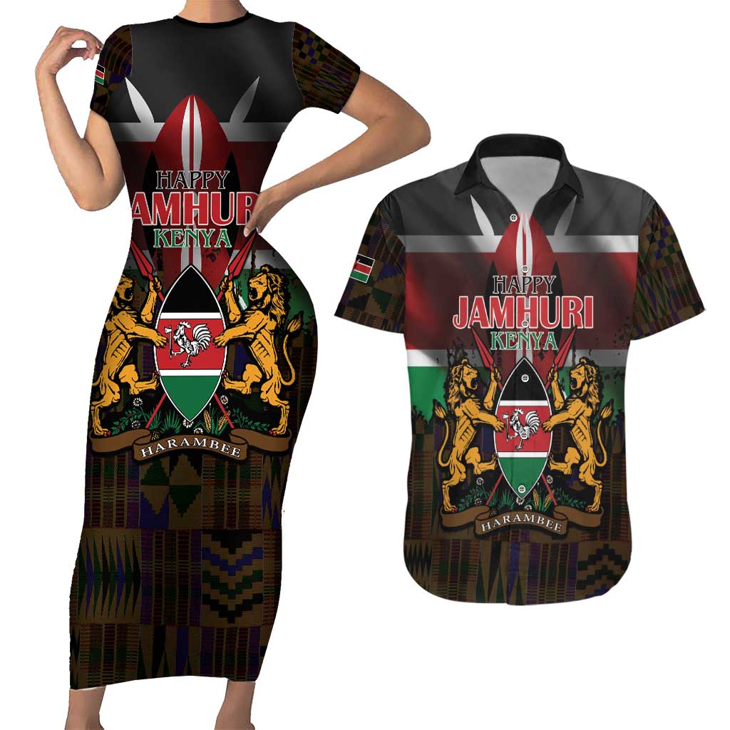 Happy Kenya Independence Day Couples Matching Short Sleeve Bodycon Dress and Hawaiian Shirt Coat Of Arms With Kente Pattern - Wonder Print Shop