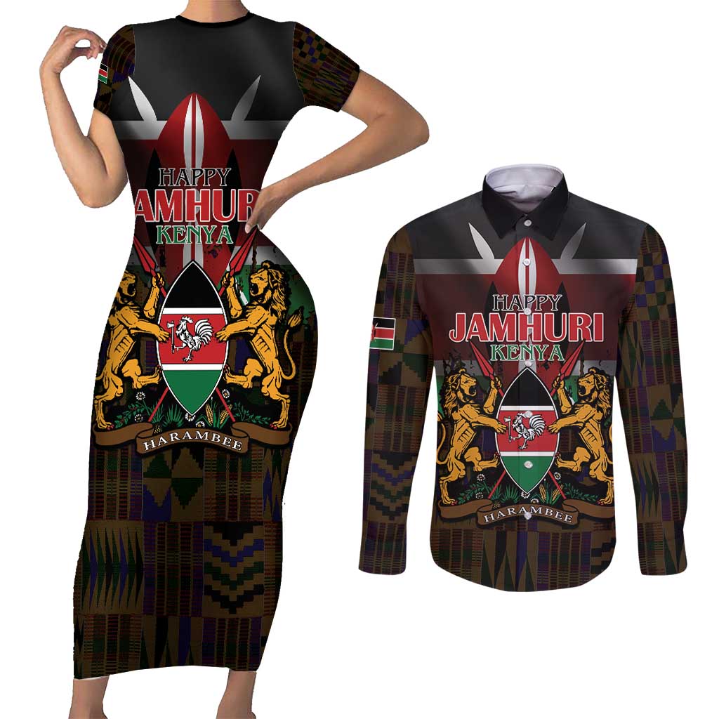 Happy Kenya Independence Day Couples Matching Short Sleeve Bodycon Dress and Long Sleeve Button Shirt Coat Of Arms With Kente Pattern - Wonder Print Shop