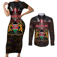 Happy Kenya Independence Day Couples Matching Short Sleeve Bodycon Dress and Long Sleeve Button Shirt Coat Of Arms With Kente Pattern - Wonder Print Shop