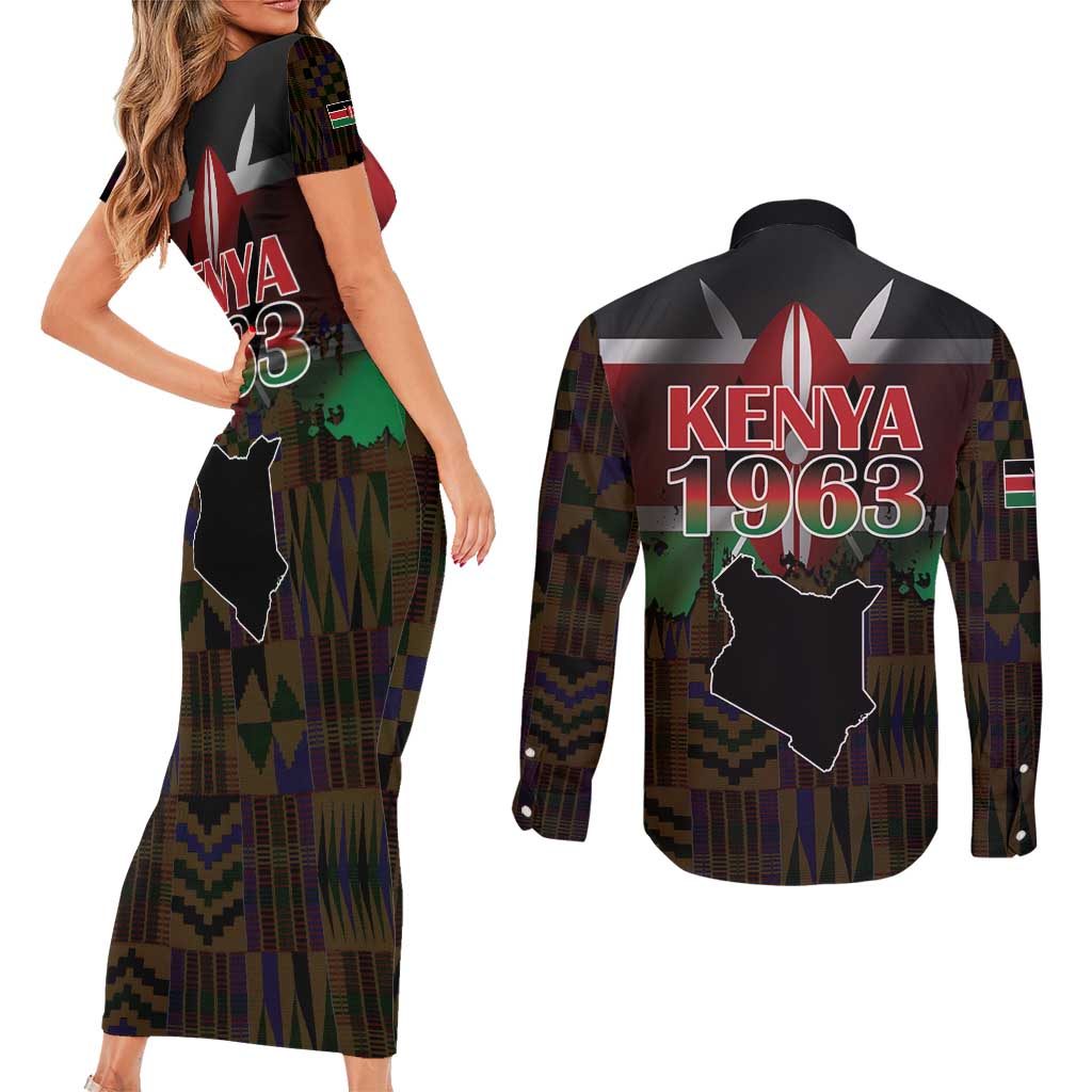 Happy Kenya Independence Day Couples Matching Short Sleeve Bodycon Dress and Long Sleeve Button Shirt Coat Of Arms With Kente Pattern - Wonder Print Shop