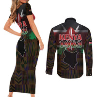 Happy Kenya Independence Day Couples Matching Short Sleeve Bodycon Dress and Long Sleeve Button Shirt Coat Of Arms With Kente Pattern - Wonder Print Shop