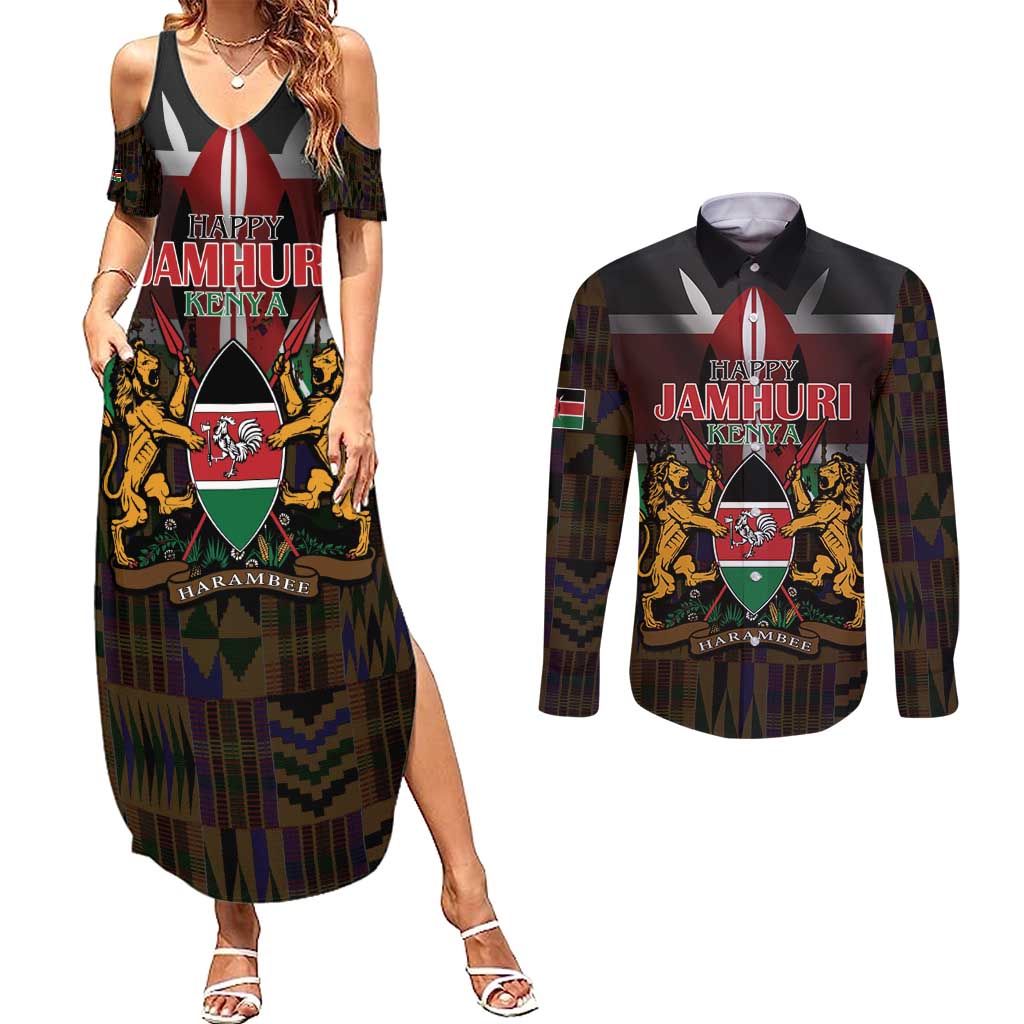 Happy Kenya Independence Day Couples Matching Summer Maxi Dress and Long Sleeve Button Shirt Coat Of Arms With Kente Pattern - Wonder Print Shop