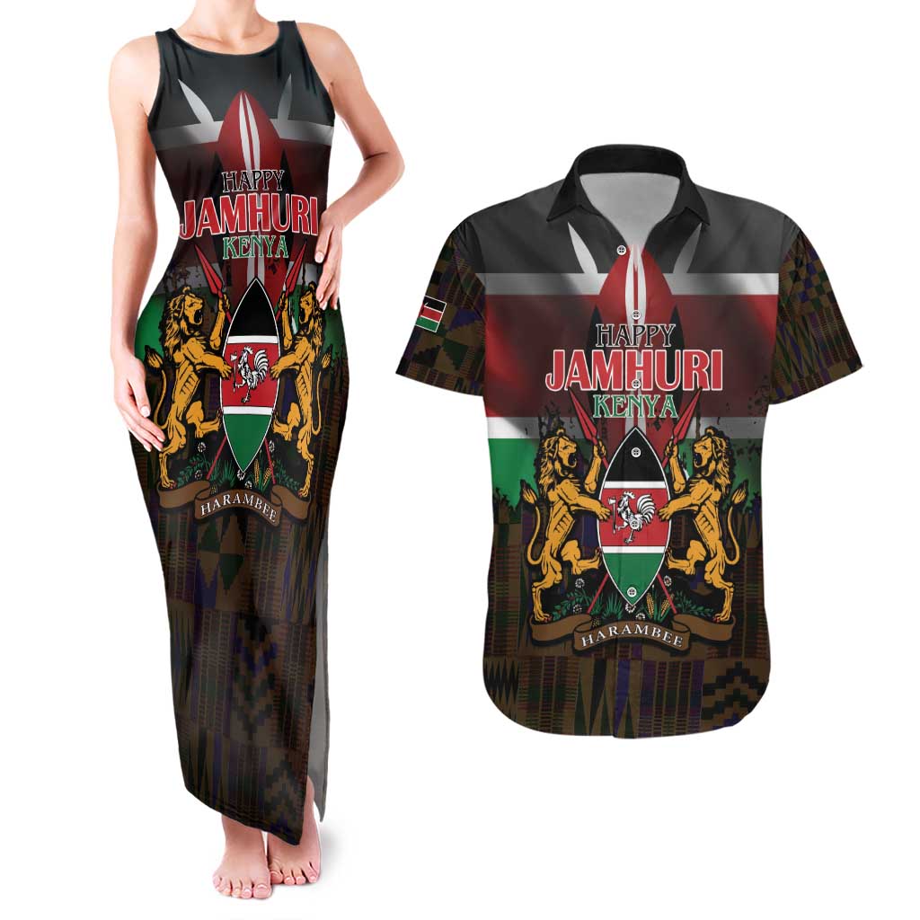 Happy Kenya Independence Day Couples Matching Tank Maxi Dress and Hawaiian Shirt Coat Of Arms With Kente Pattern - Wonder Print Shop