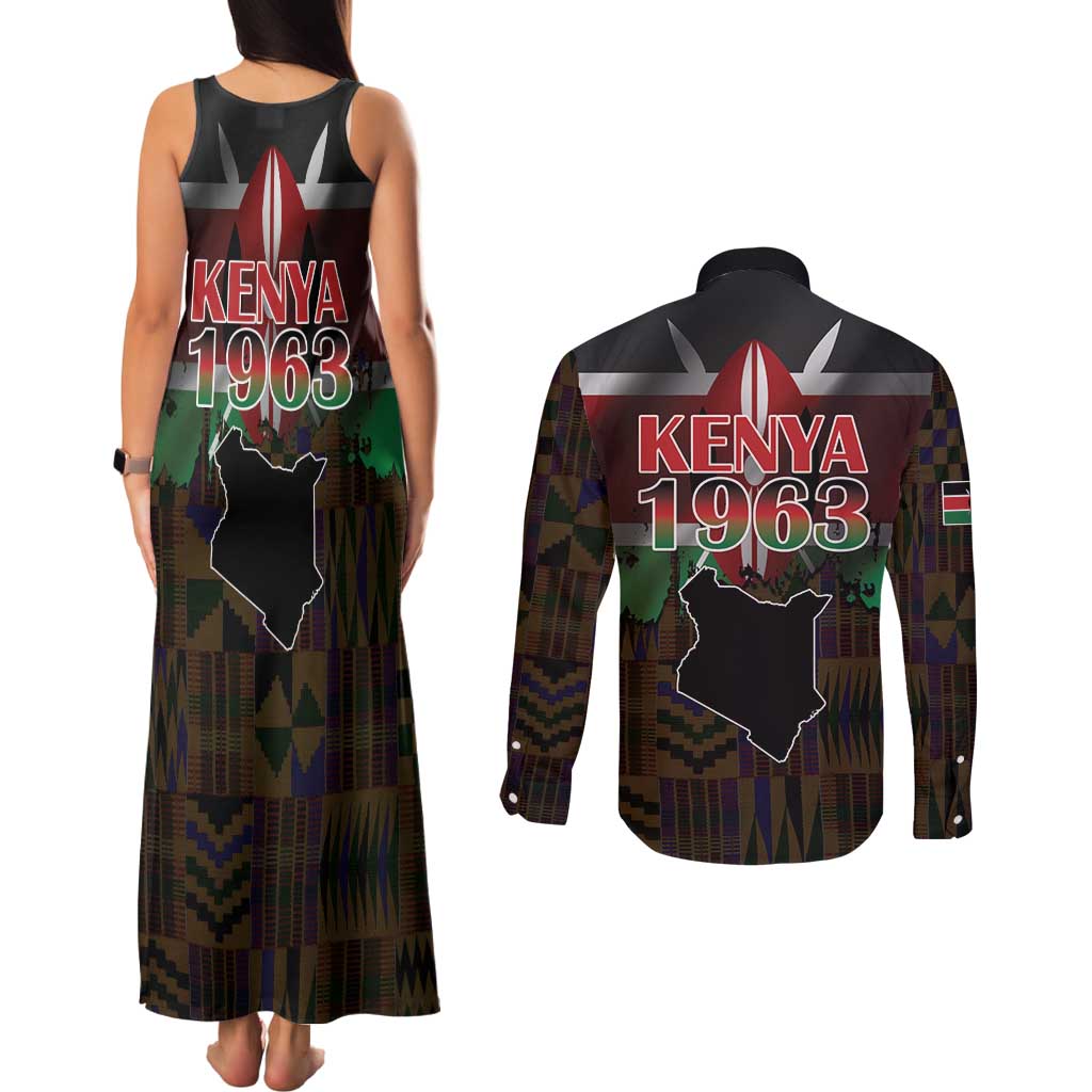 Happy Kenya Independence Day Couples Matching Tank Maxi Dress and Long Sleeve Button Shirt Coat Of Arms With Kente Pattern - Wonder Print Shop
