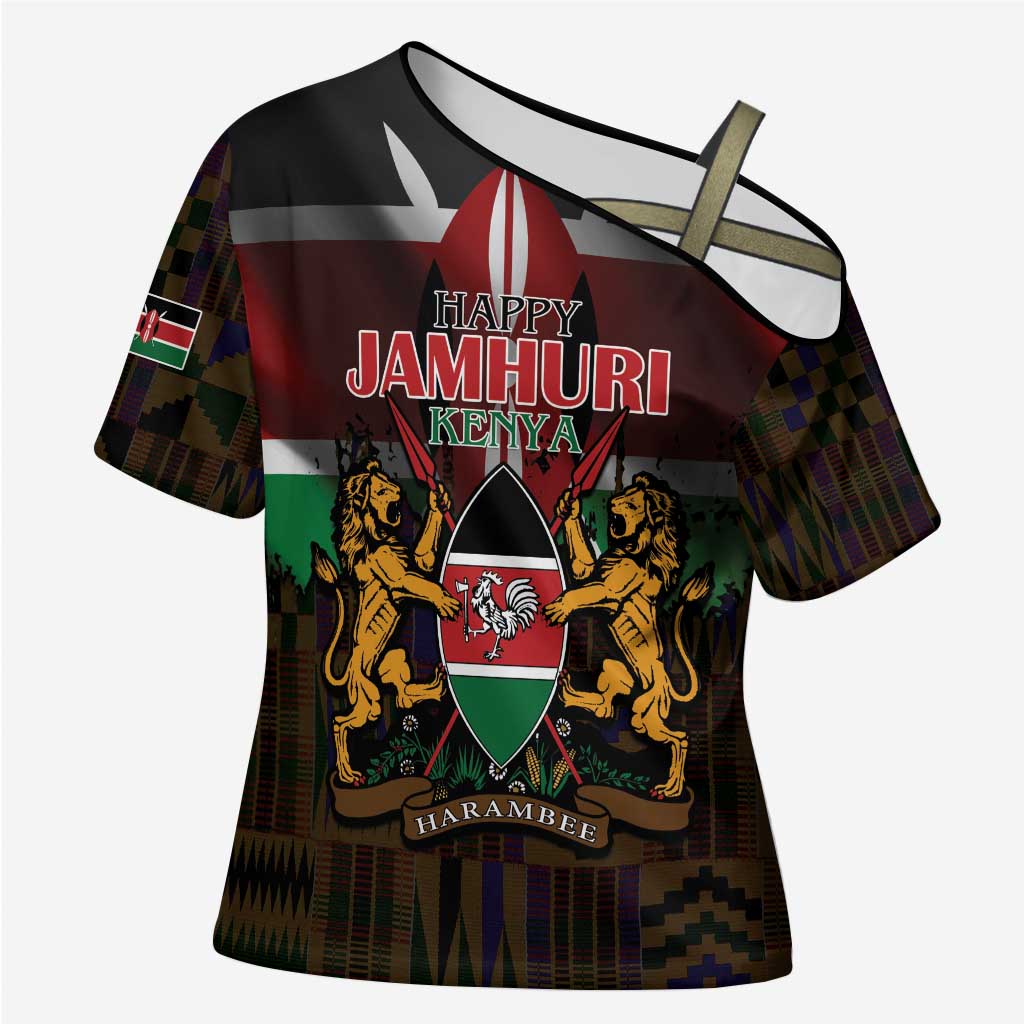 Happy Kenya Independence Day Cross Shoulder Shirt Coat Of Arms With Kente Pattern - Wonder Print Shop